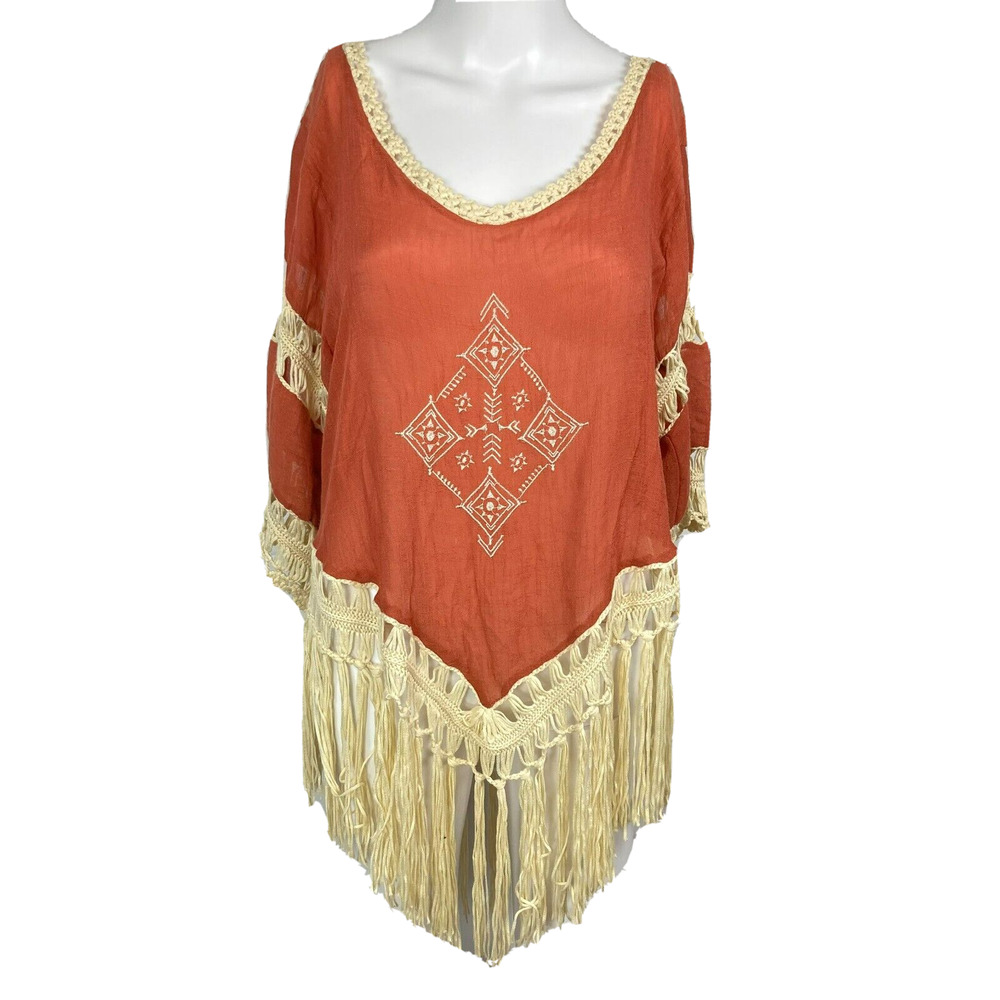 Love Shirt Women M Rust Orange Southwestern Fringe Hippie Boho Peasant Crochet‎